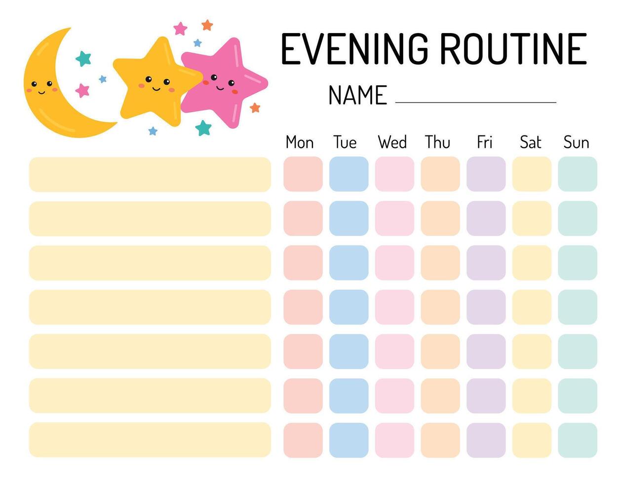 Evening checklist for kids. Evening routine tracker for children. Daily regime. My chore chart. My tasks and responsibilities. Daily routine tracker for children. Daily regime. vector