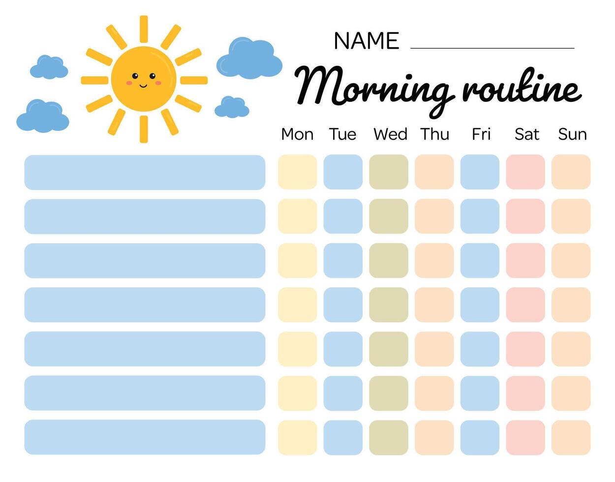 Morning checklist for kids, discipline, motivation. Morning routine chore for kids. My tasks and responsibilities. Daily routine tracker for children. Daily regime. My chore chart. vector