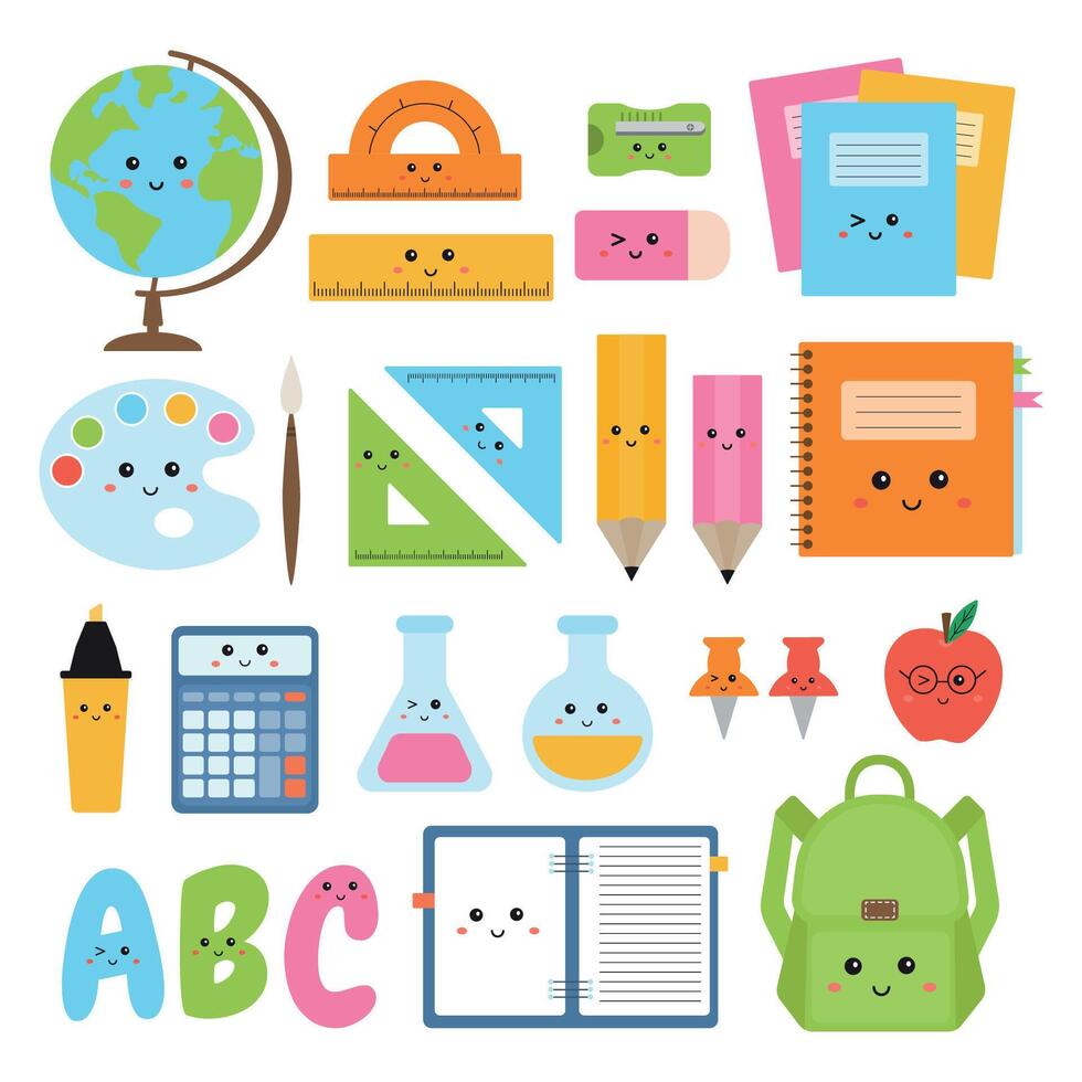 Collection of school supplies, stationary. Clipart icons of school supplies, stationery tools. Pencil, notebook, bag pack, globe, ruler. Clip art of school elements for student . Back to school. vector