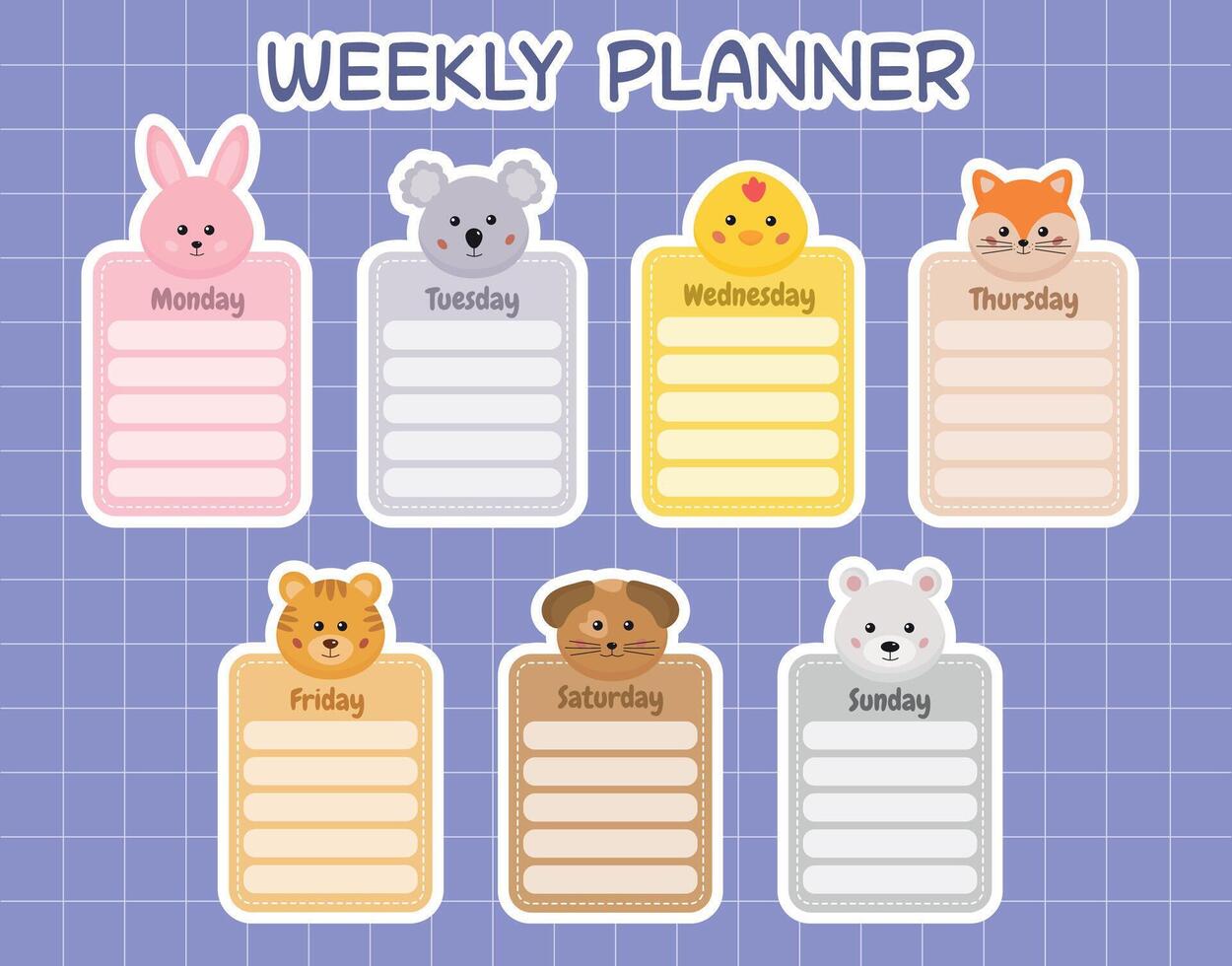 Weekly planner for kids printable template. School timetable with cute animals note pads, memo pads. Children schedule for a week for planning daily routine, classes, hobbies. Children daily regime. vector