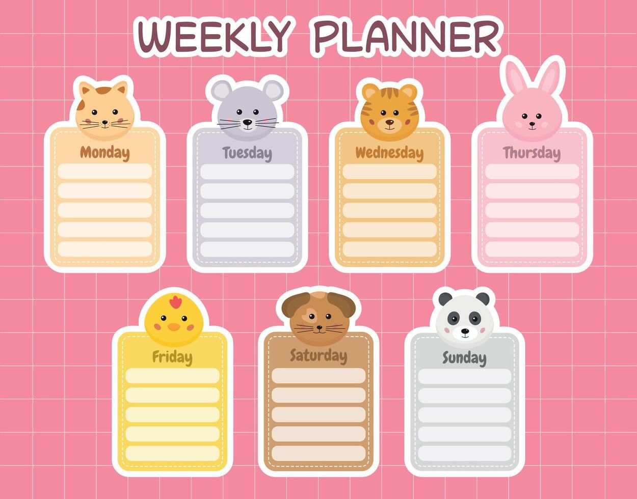 School timetable, printable weekly planner with animals note pads, memo pads and days for kids. Kids schedule design template. Kids routine planner, daily regime, chore chart for children. To do list. vector