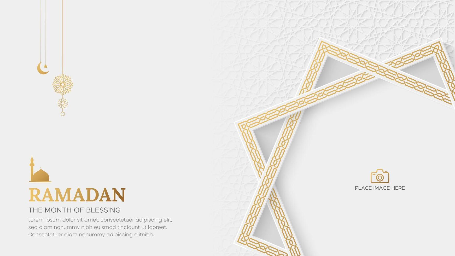 Ramadan Kareem Islamic ornamental background with interlaced arabesque border photo frame vector