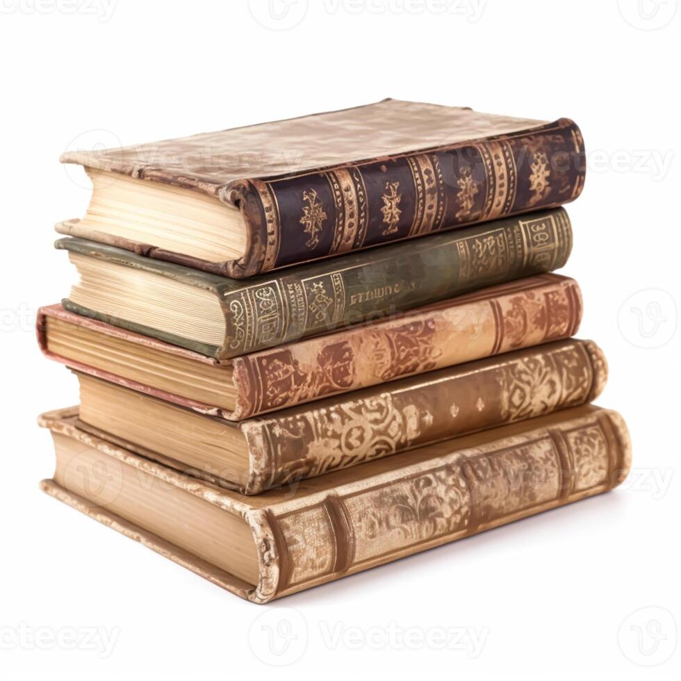 AI generated Stack of antique vintage old books isolated on white background, reading in old library and education, generative ai photo