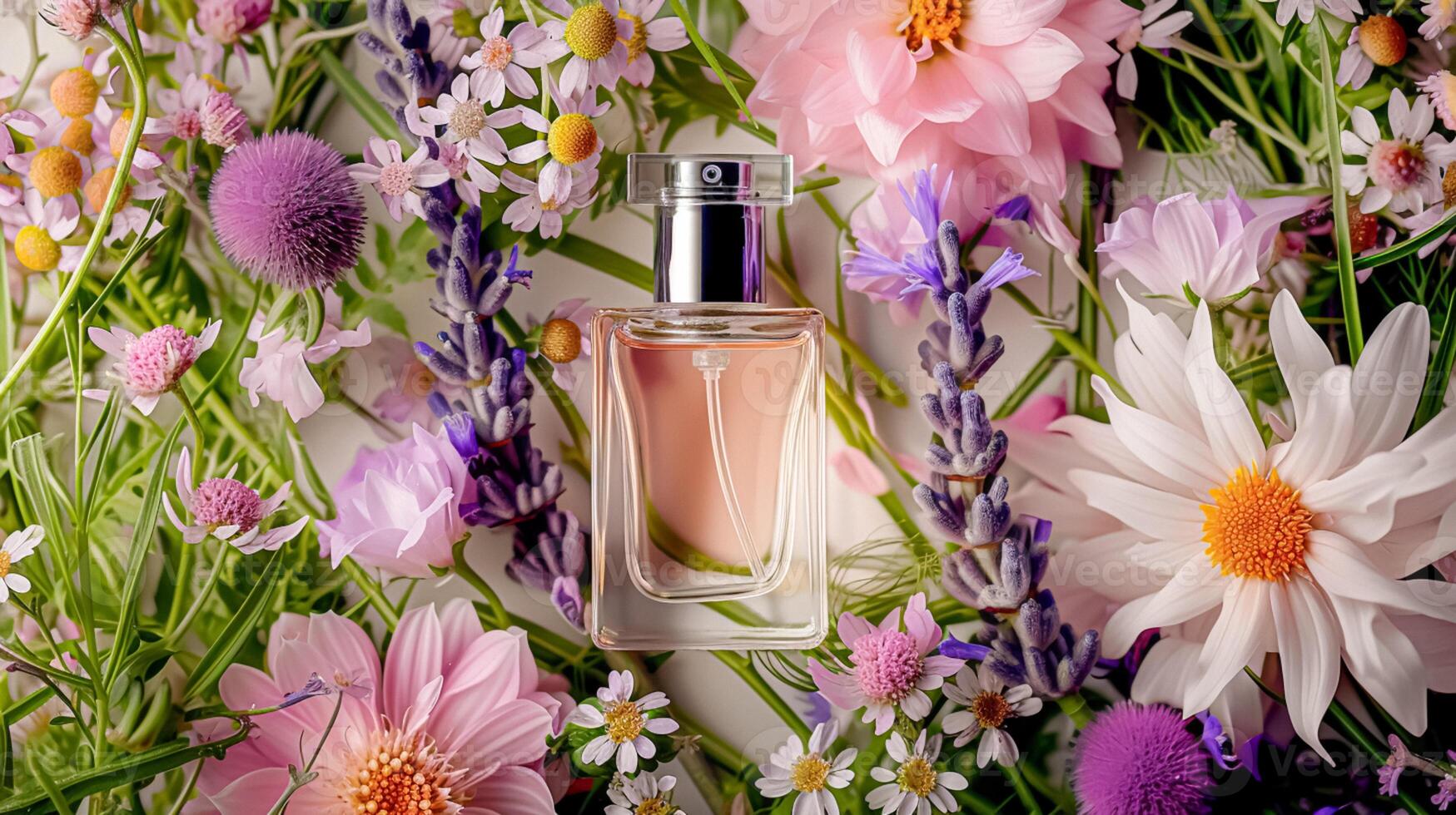 AI generated Perfume bottle in flowers, fragrance on blooming background, floral scent and cosmetic product photo