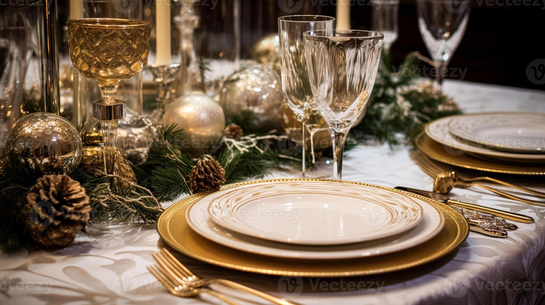 AI generated Christmas table decor, holiday tablescape and dinner table setting, formal event decoration for New Year, family celebration, English country and home styling photo