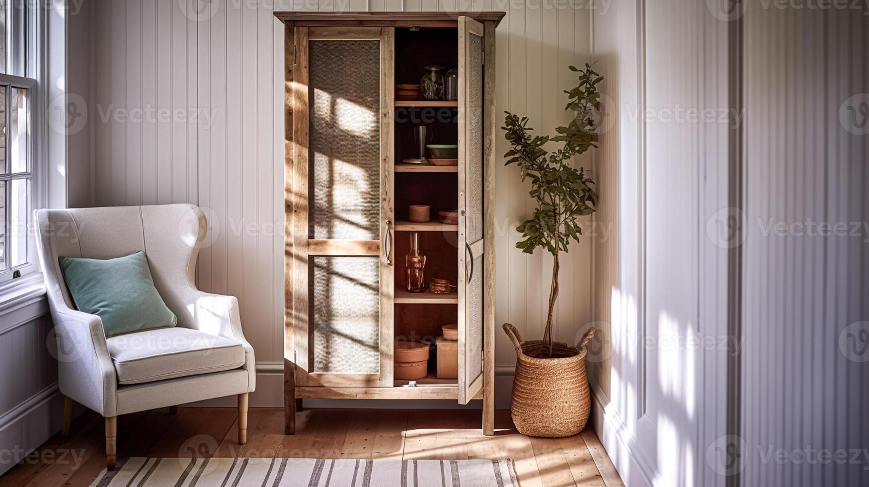 AI generated Modern farmhouse home decor and interior design, armchair and dresser in English country house and elegant cottage style photo