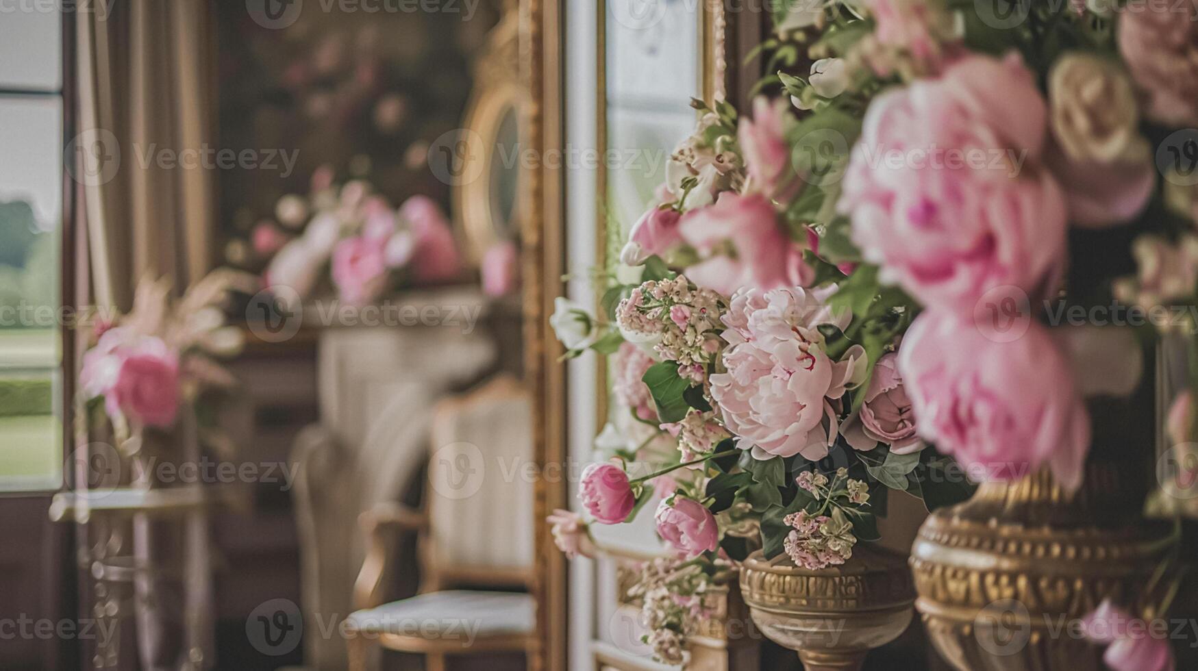 ai generado Boda decoración con peonias, floral decoración y evento celebracion, peonía flores y Boda ceremonia en el jardín, Inglés país estilo foto