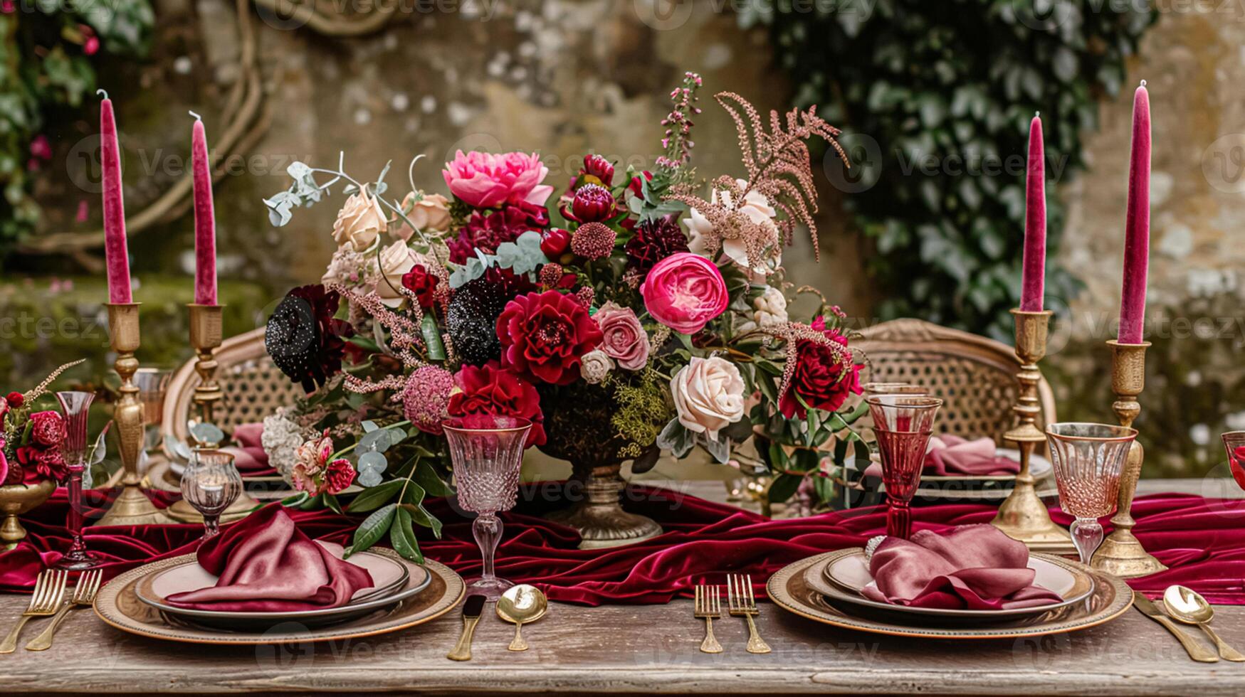 AI generated Valentines day tablescape and table decor, romantic table setting with flowers, formal dinner and date, beautiful cutlery and tableware photo