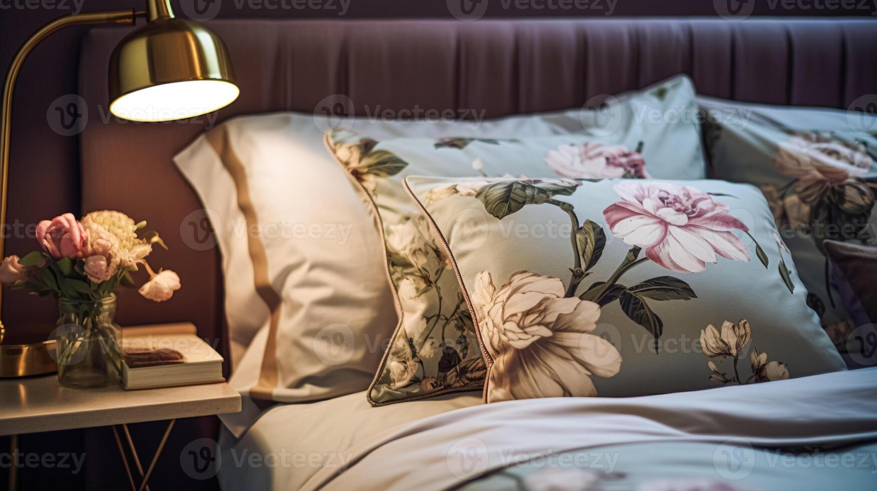 AI generated Bedroom decor, modern cottage interior design and home decor, bed linen and elegant country bedding style, lamp and flowers, English countryside house or holiday rental photo