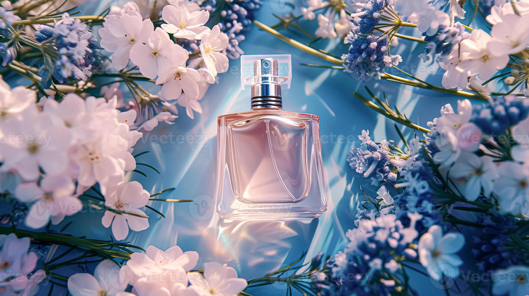 AI generated Perfume bottle in flowers, fragrance on blooming background, floral scent and cosmetic product photo