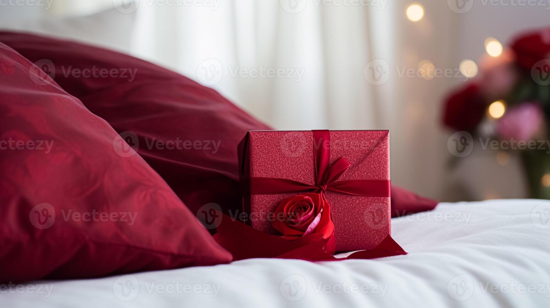 AI generated Valentines day romantic gift in country bedroom, symbol of love, romance and commitment photo