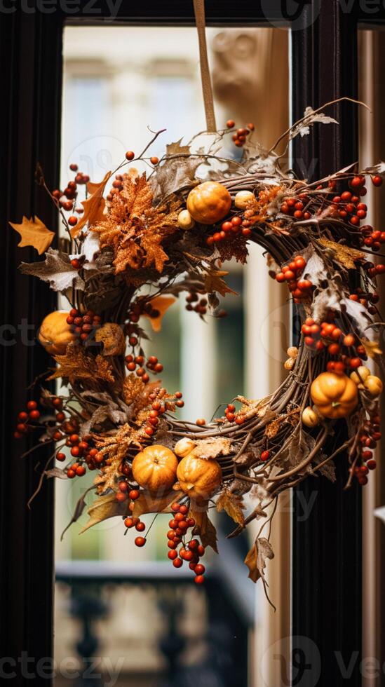 AI generated Autumn wreath decoration, autumn holiday season in the English countryside style, botanical autumnal decor photo