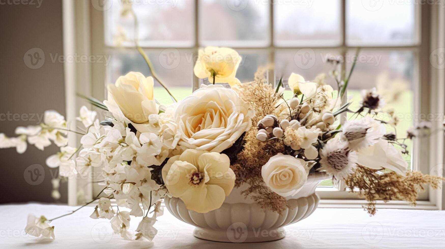 AI generated Floral arrangement with winter, autumn or early spring botanical plants and flowers photo