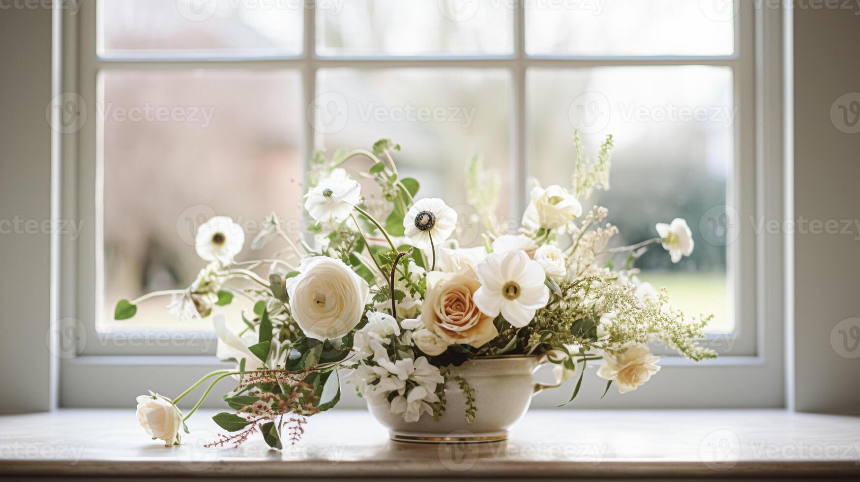 AI generated Floral arrangement with winter, autumn or early spring botanical plants and flowers photo