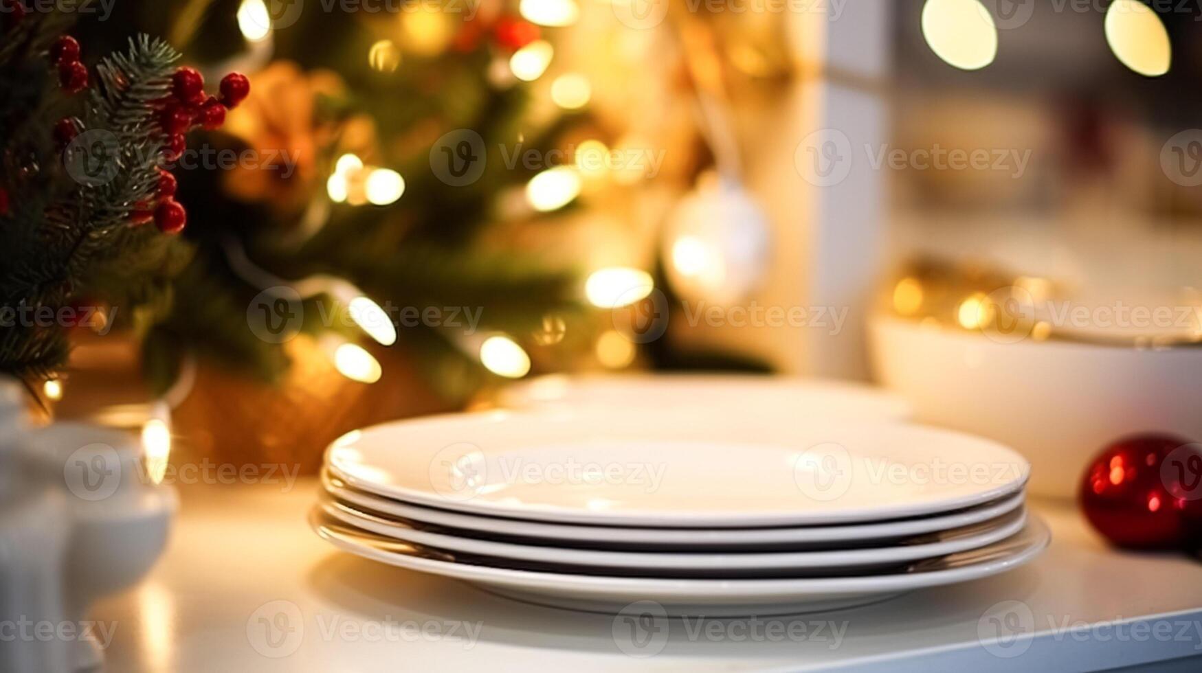 ai generado vajilla y vajilla conjunto para invierno fiesta familia cena, Navidad menaje decoración para Días festivos en el Inglés país casa, regalo conjunto y hogar peinado foto