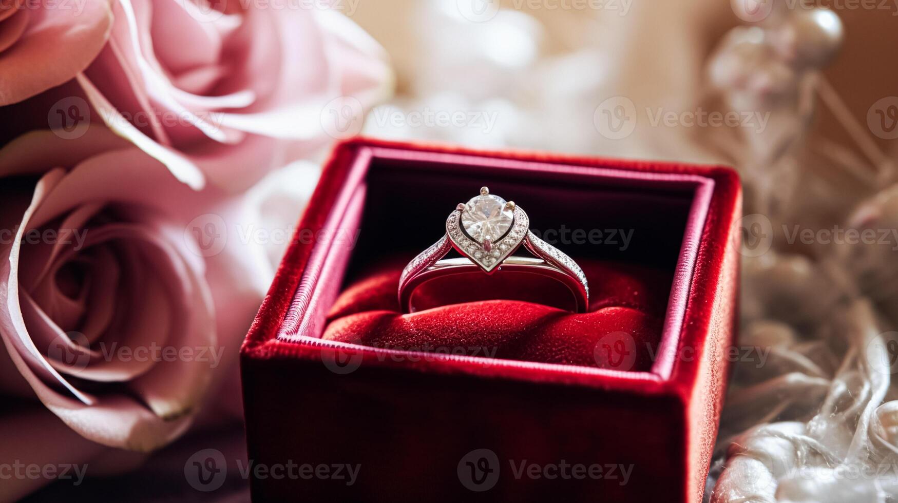AI generated Jewellery, proposal and holiday gift, vintage diamond engagement ring in red velvet box, symbol of love, romance and commitment photo