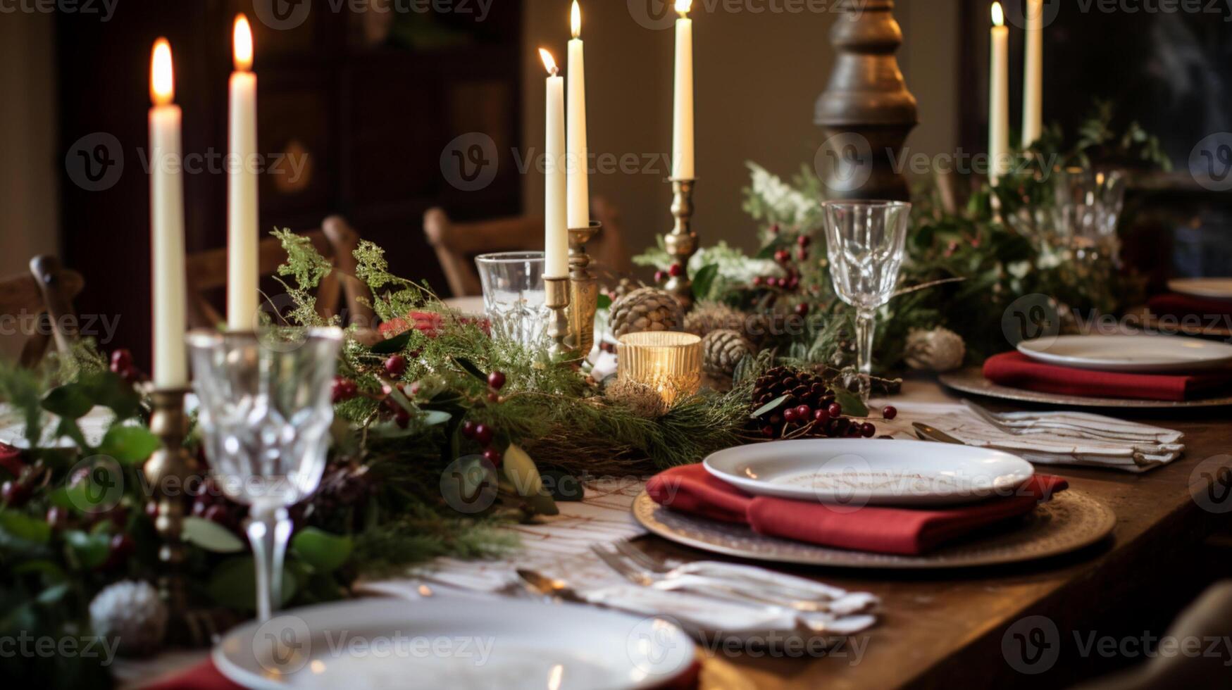 AI generated Holiday table decor, Christmas holidays celebration, tablescape and dinner table setting, English country decoration and home styling photo