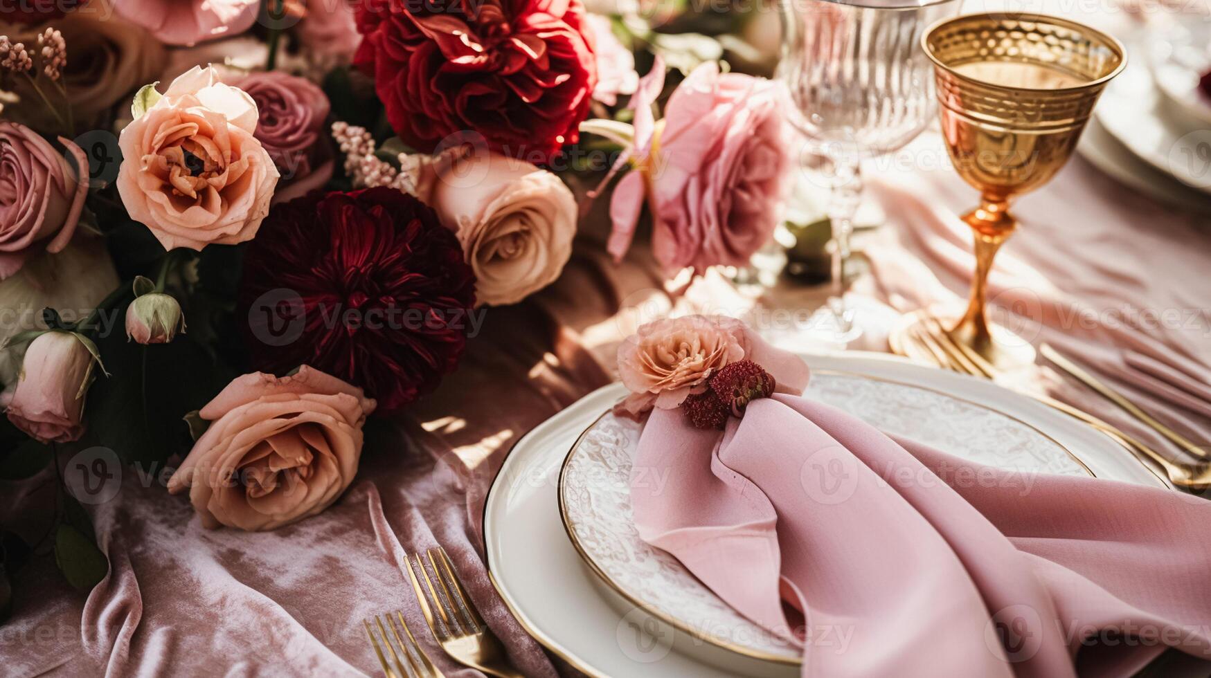 AI generated Wedding and event celebration tablescape with flowers, formal dinner table setting with roses and wine, elegant floral table decor for dinner party and holiday decoration, home styling photo