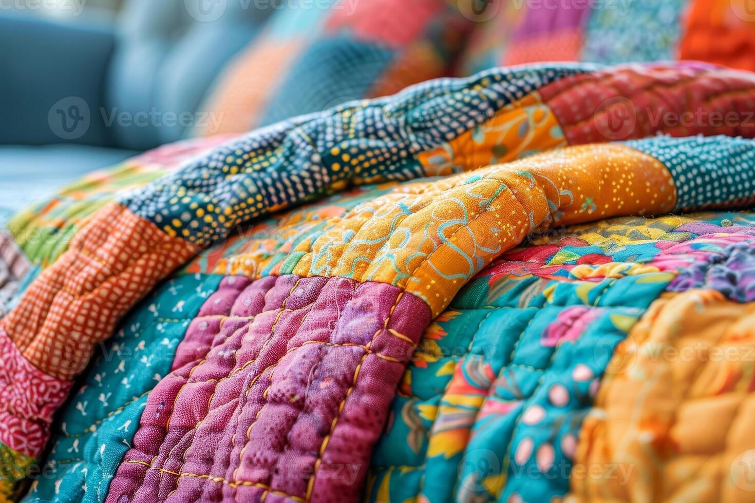 AI generated Quilting a cozy patchwork throw, featuring an array of textures and patterns in the fabric pieces photo