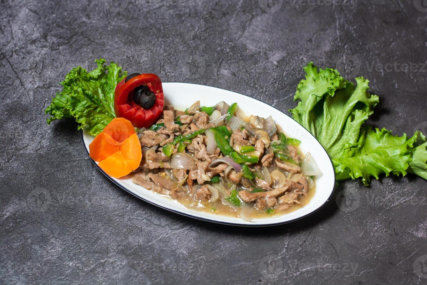 Beef Mushroom Ginger served in dish isolated on grey background top view of indian and bangladesh food photo