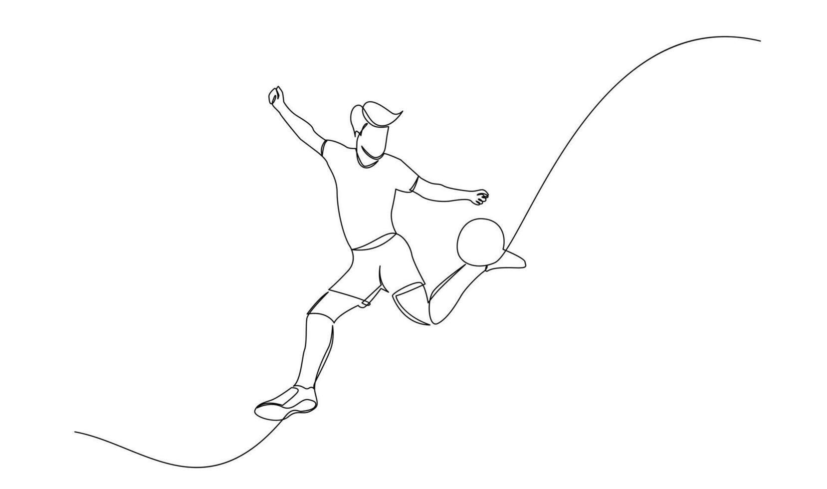 Continuous line drawing of football player jump and fly to kicking ball. Single one line art of young man playing soccer ball vector