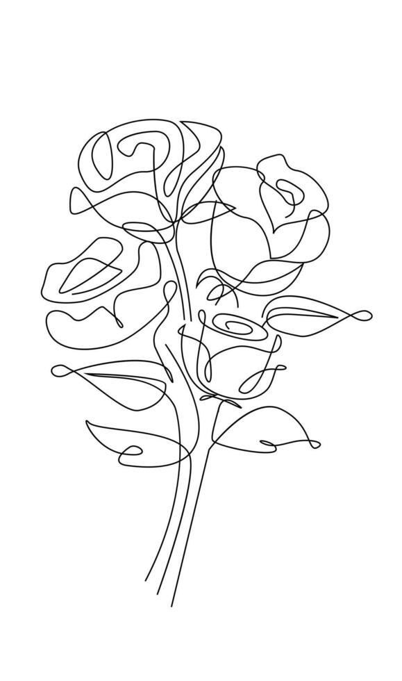 One line drawing. Garden rose with leaves. Hand drawn sketch. vector