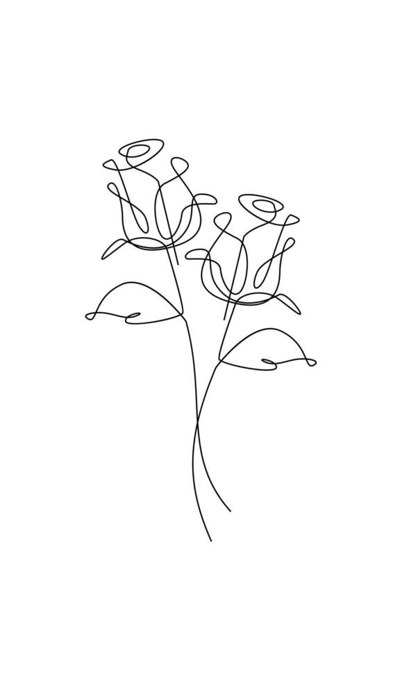 One line drawing. Garden rose with leaves. Hand drawn sketch. vector