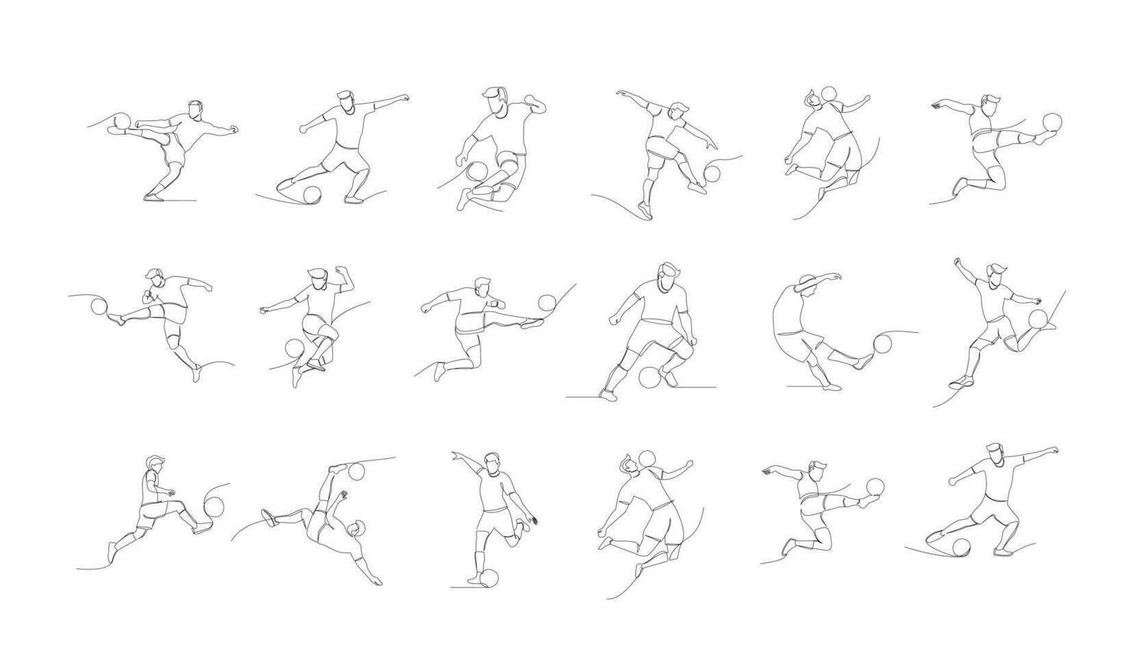 Continuous line drawing of football player jump and fly to kicking ball. Single one line art of young man playing soccer ball vector