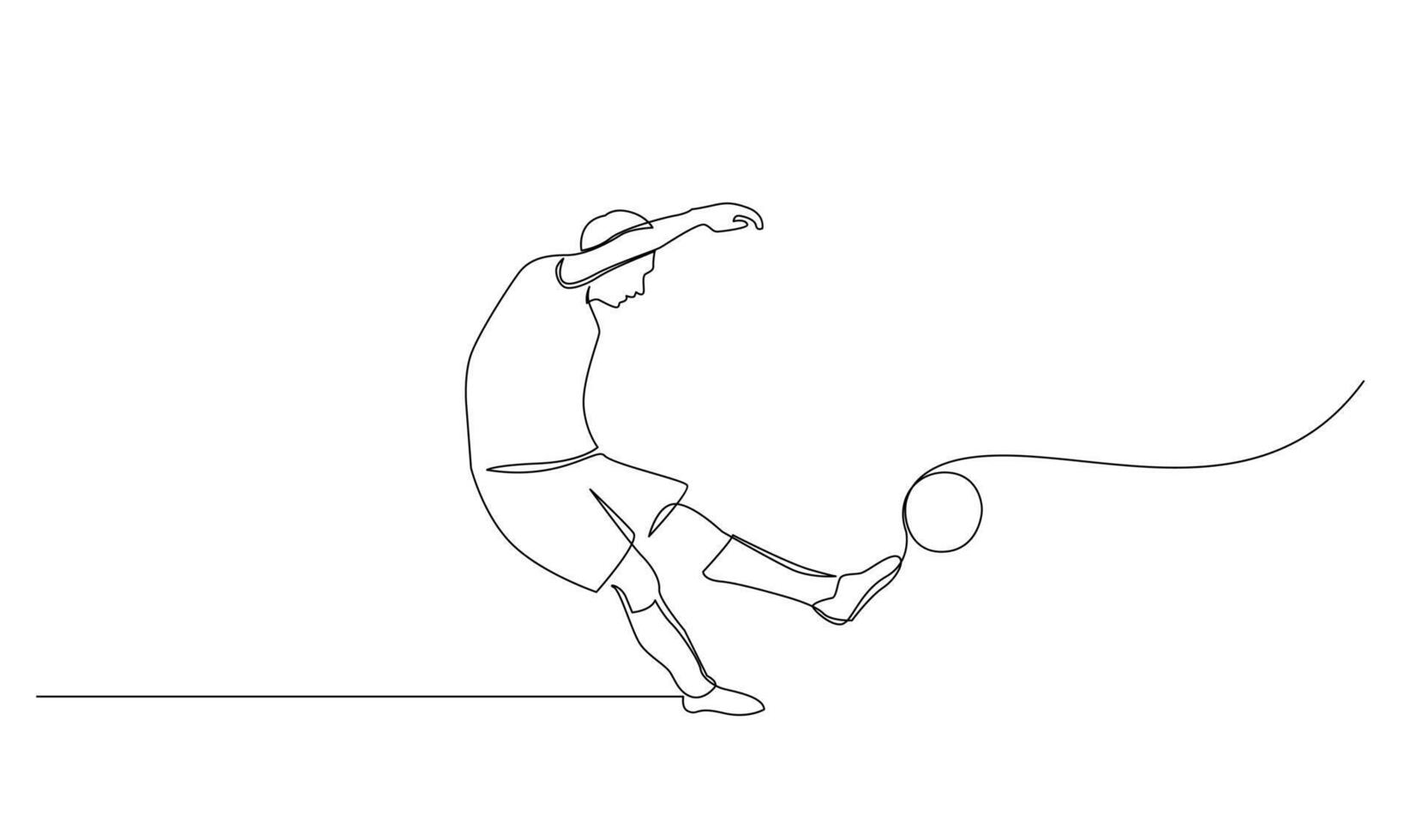 Continuous line drawing of football player jump and fly to kicking ball. Single one line art of young man playing soccer ball vector