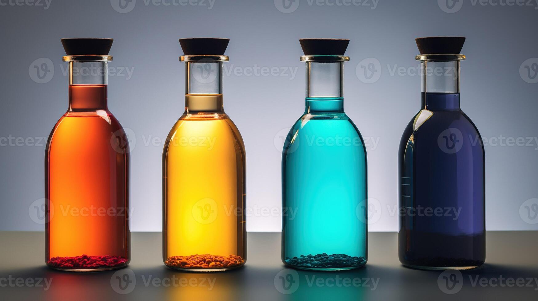 AI Generated Four vibrant potion bottles with colorful liquids on white background photo