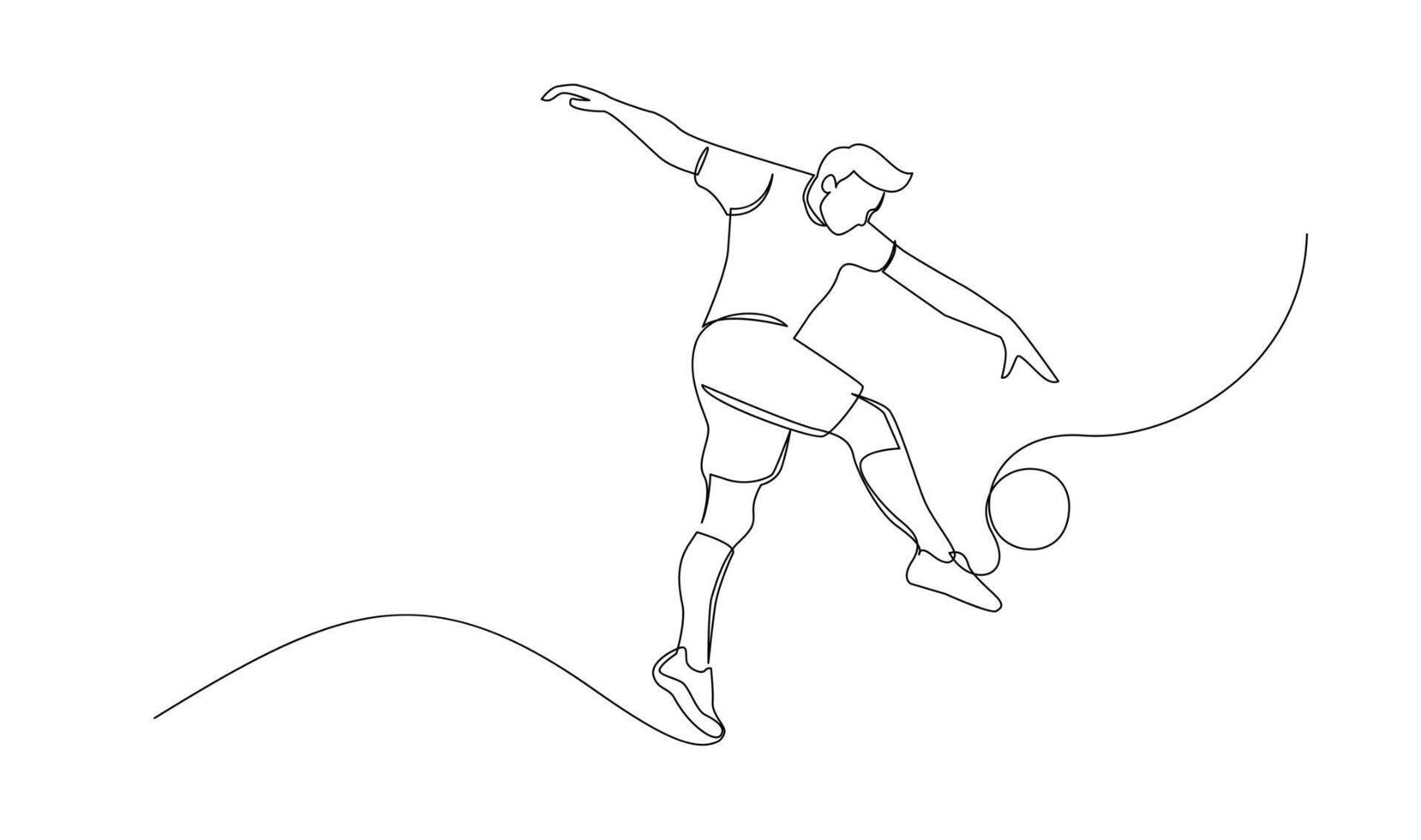 Continuous line drawing of football player jump and fly to kicking ball. Single one line art of young man playing soccer ball vector