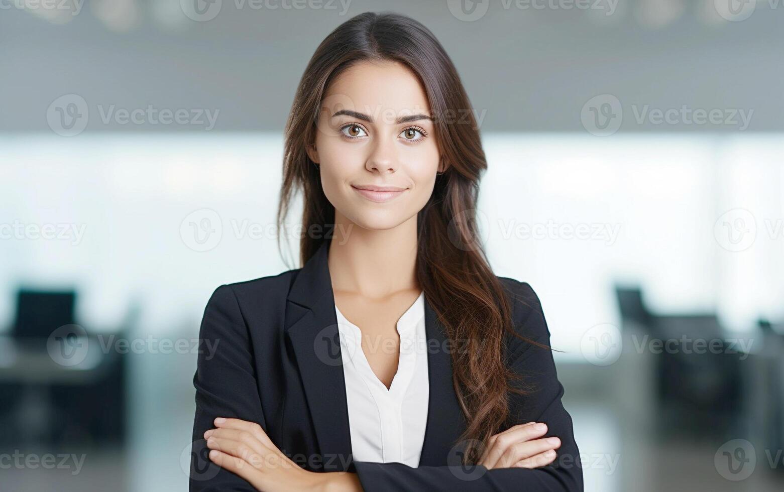 ai generado contento mujer de negocios con progresivo liderazgo habilidades foto