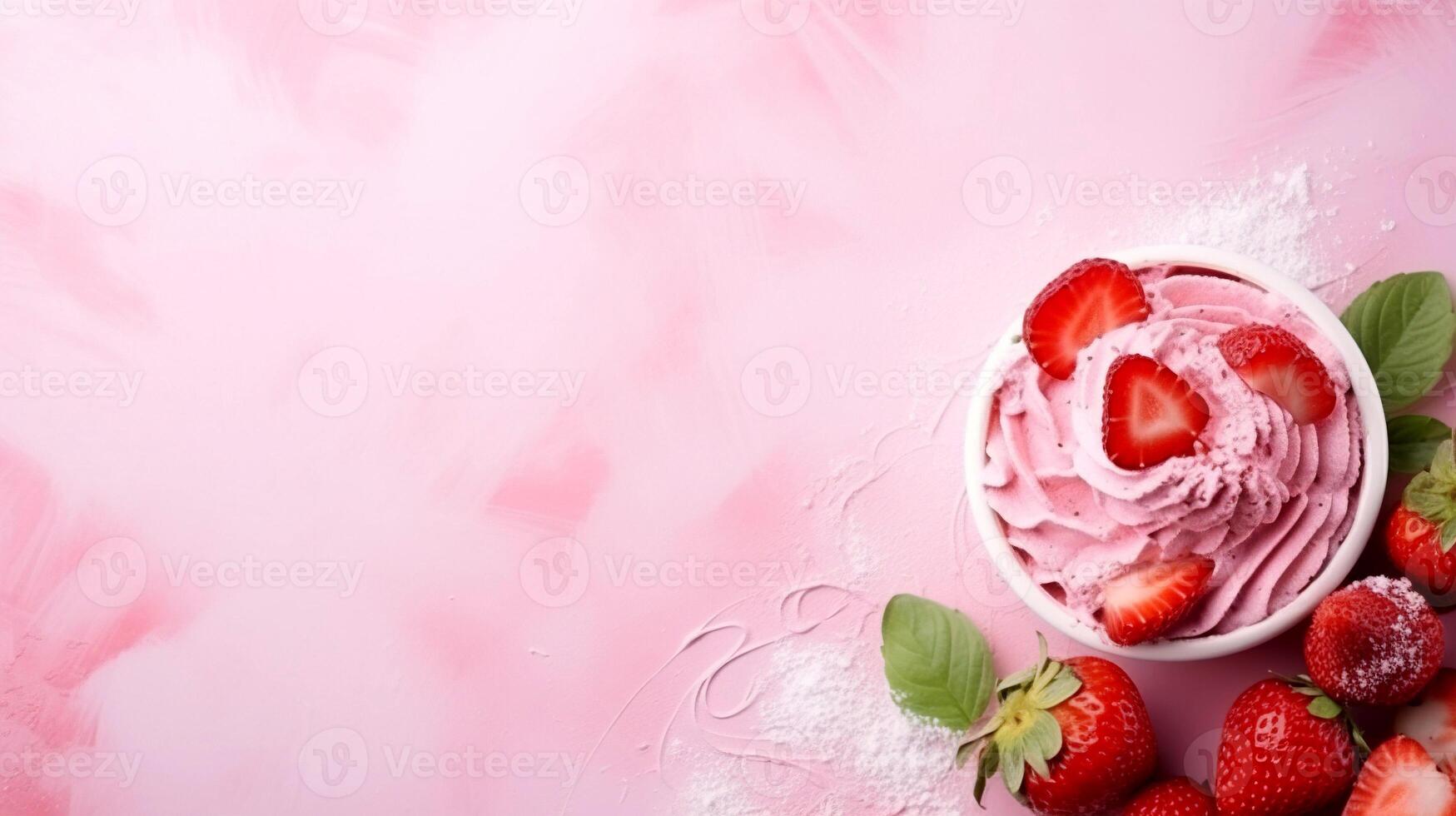 AI generated Strawberry ice cream in waffle cone on pink background. photo