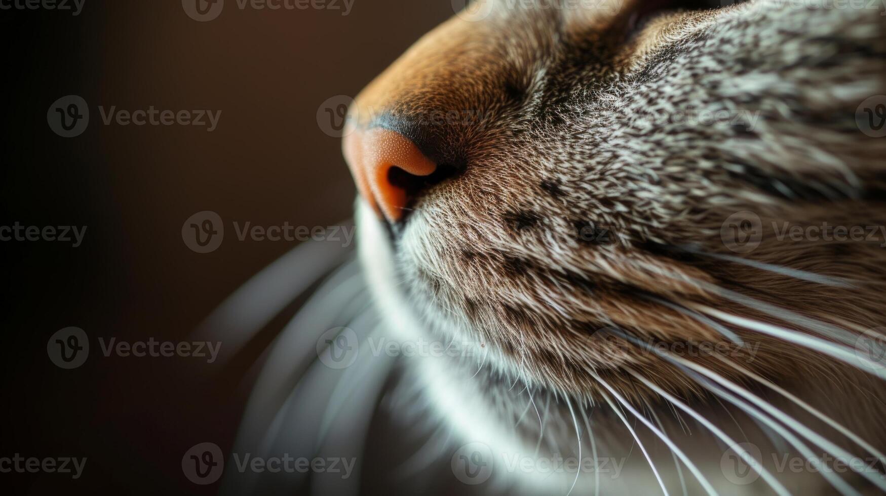 AI Generated Close-up of a tabby cats nose and whiskers with soft and luxurious fur, looking left in the frame photo
