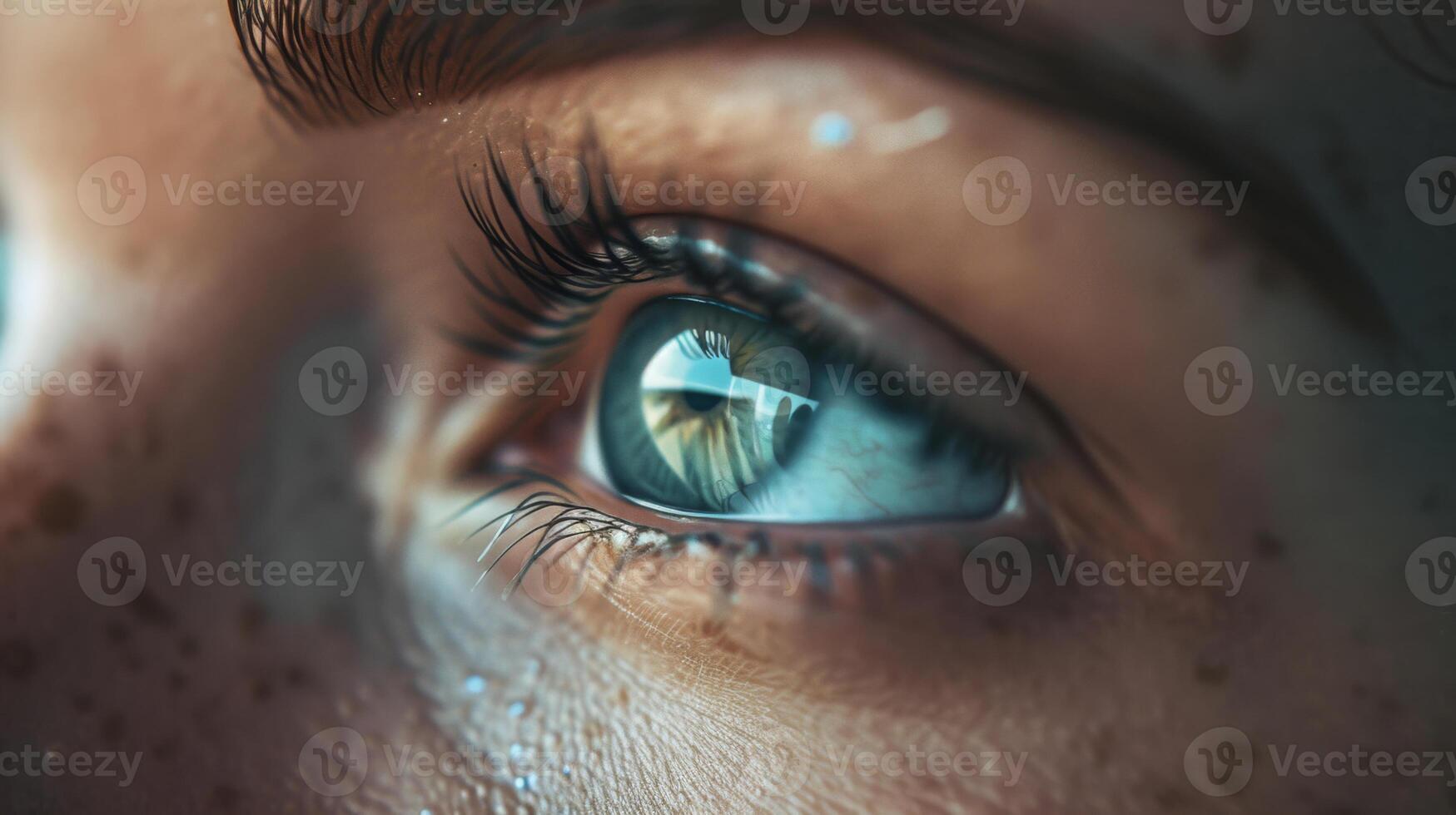 ai generado romántico Mira de un niña con azul ojos, largo pestañas y linda pecas en su rostro. de cerca de hembra fascinación. foto