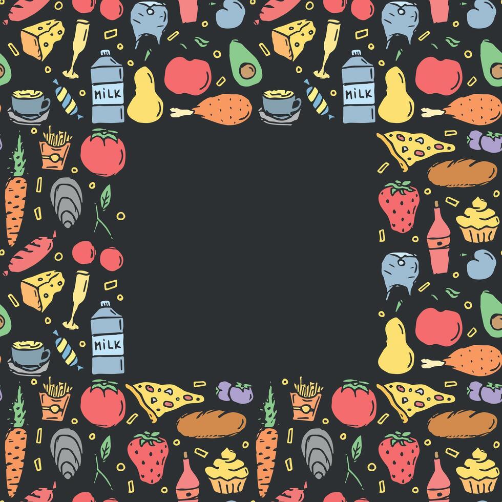 Doodle food background. Food frame illustration vector