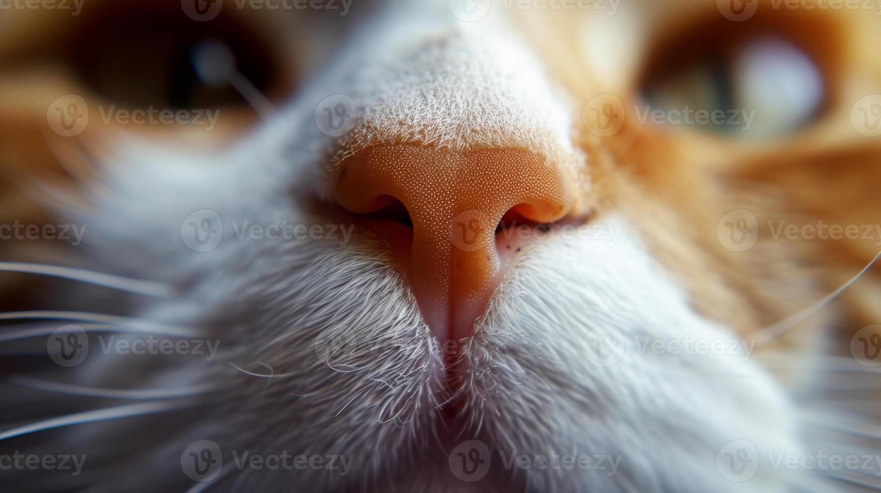 AI Generated Close-up of a Ginger Cats Soft Nose, White Whiskers, Pink Nose, and Green Eyes photo