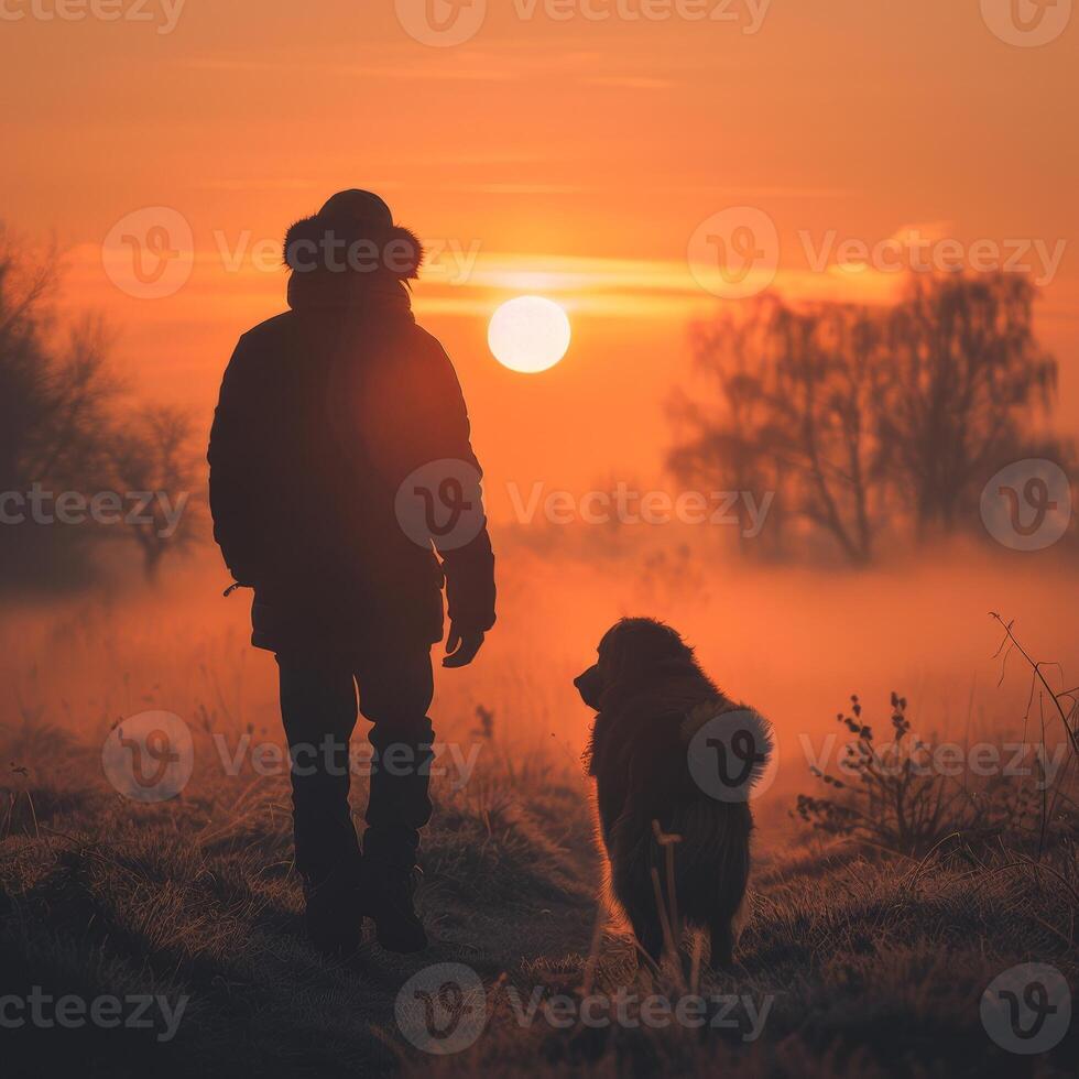 AI generated At sunrise, the pet and its owner share a bonding moment, relishing their peaceful morning stroll. photo