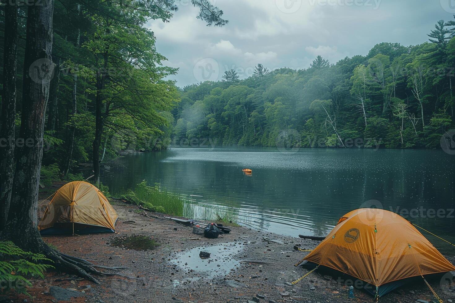 AI generated Enjoy a serene lakeside retreat with family, bonding over tents, canoeing, and nature during Victoria Day weekend. photo