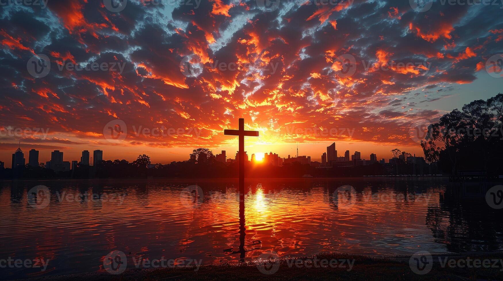 AI generated Sunrise Cross Silhouette Against Dramatic Sky, Emblem of Good Friday Renewal photo