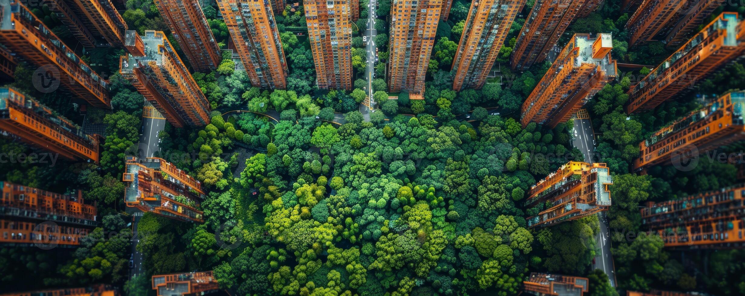 AI generated Aerial view of a city integrating green spaces, bike lanes, and pedestrian paths, exemplifying a shift towards sustainable urban planning. photo