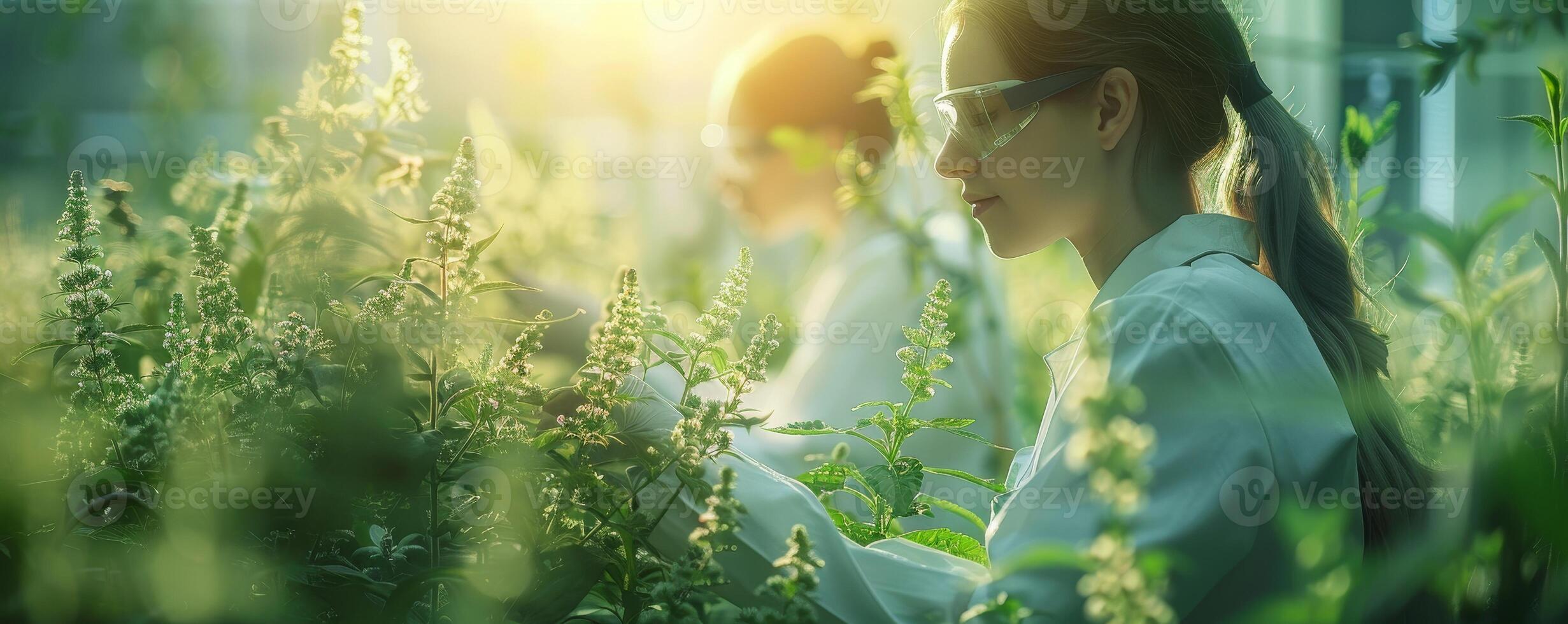 AI generated Scientists innovate in a lab with green tech, plants, renewable energy, driving eco-innovation. photo