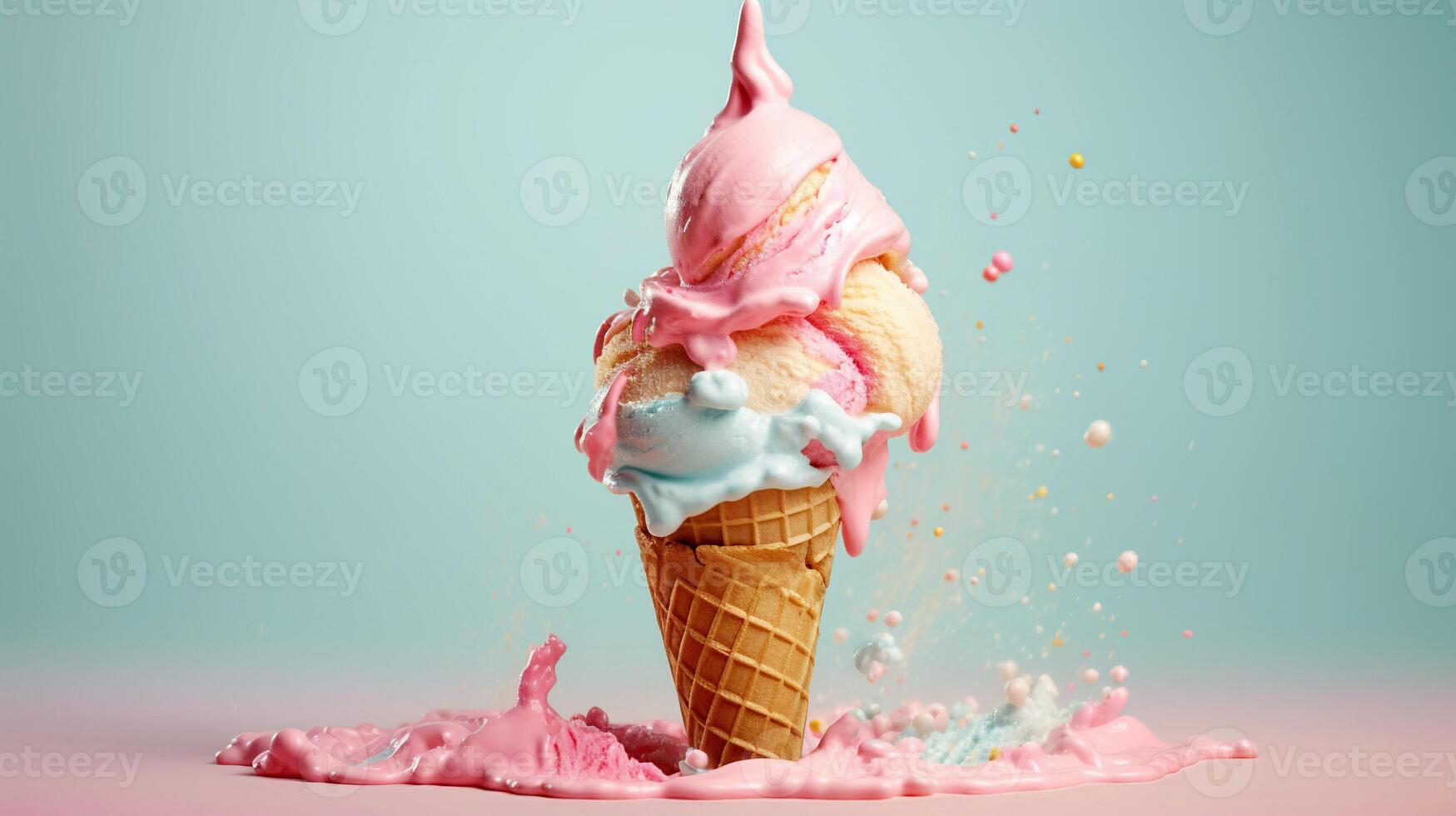 AI generated Waffle cone with ice cream. Summer cool dessert. photo