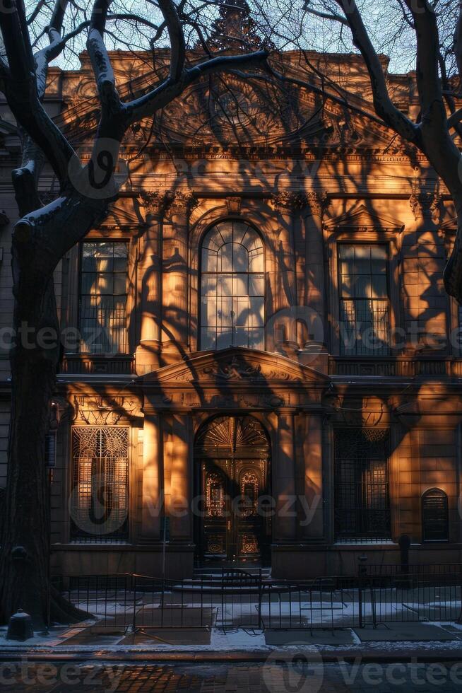 AI generated Dramatic tree shadows cast on a historical building's facade, blending urban architecture with natural elements, late afternoon. photo