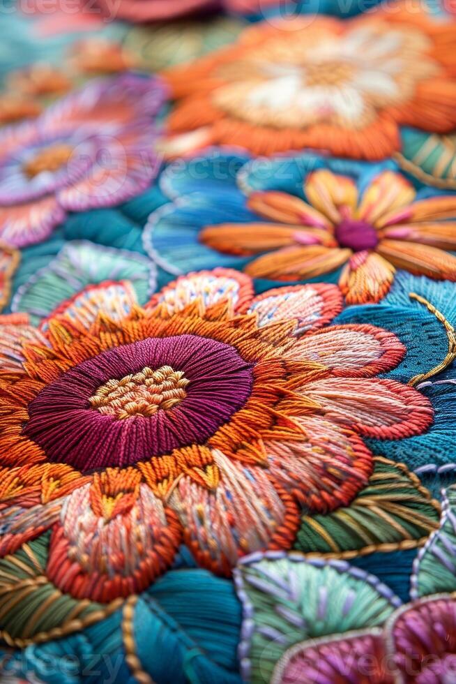 AI generated Crafting an intricate embroidery piece, close up, vibrant threads on canvas, floral design photo