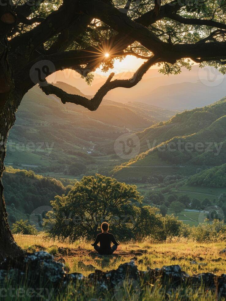 AI generated A person meditating under a tree in a peaceful green belt setting, promoting tree meditation and connection with nature, basking in the early morning light. photo