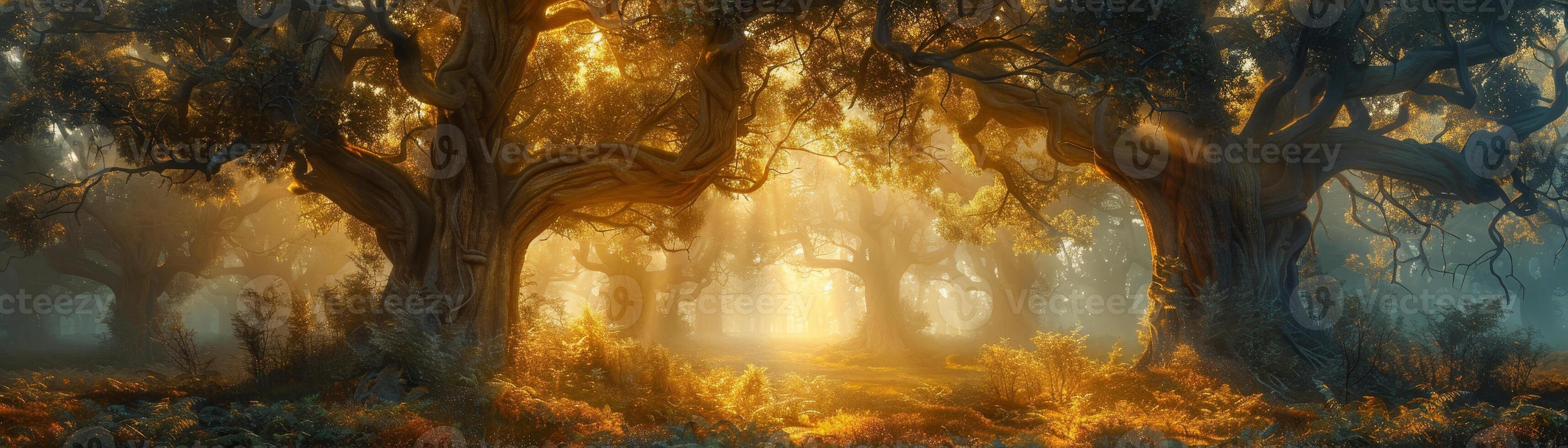 AI generated At sunrise, ancient trees emphasize forest preservation, serene and majestic, golden light filtering through. photo