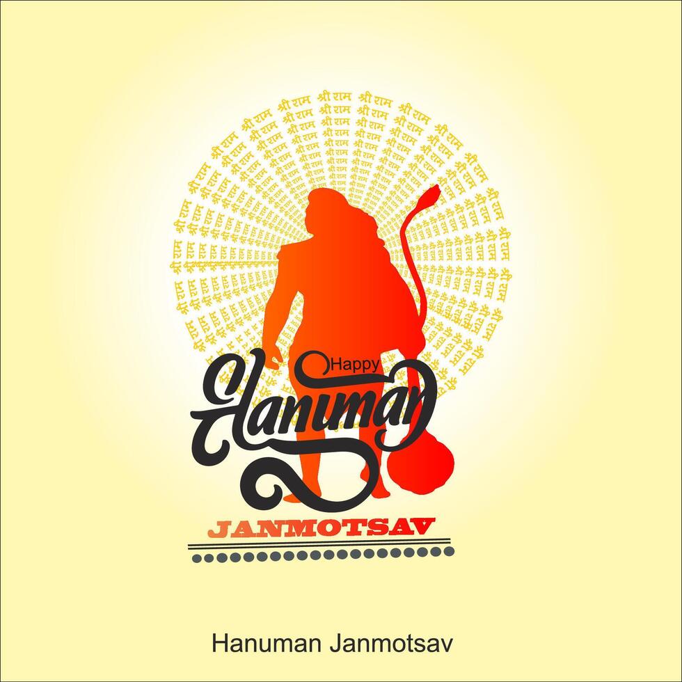 Hanuman with Hindi text meaning Hanuman Jayanti Janmotsav celebration background for religious holiday of India vector