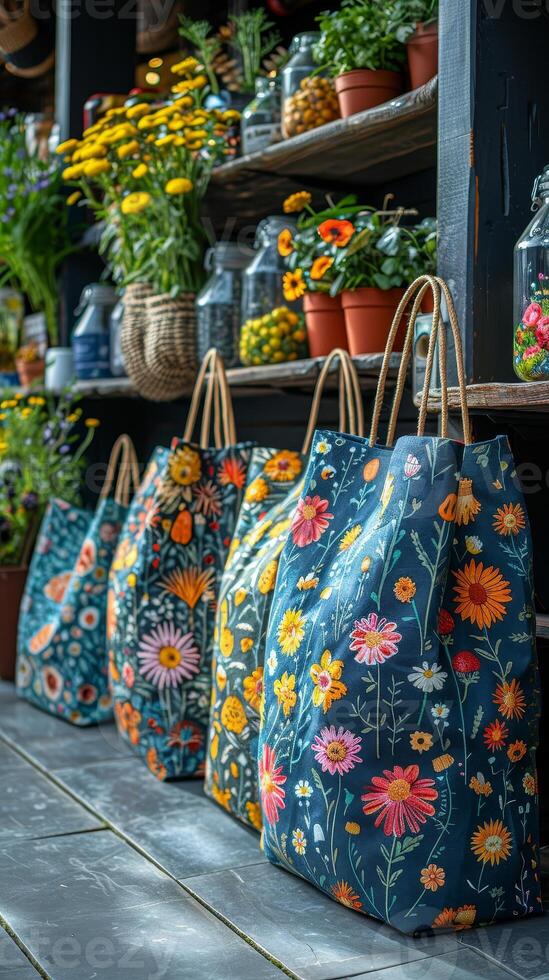 AI generated Reusable cloth shopping bags with eco-friendly slogans, encouraging consumers to reduce plastic bag usage. photo