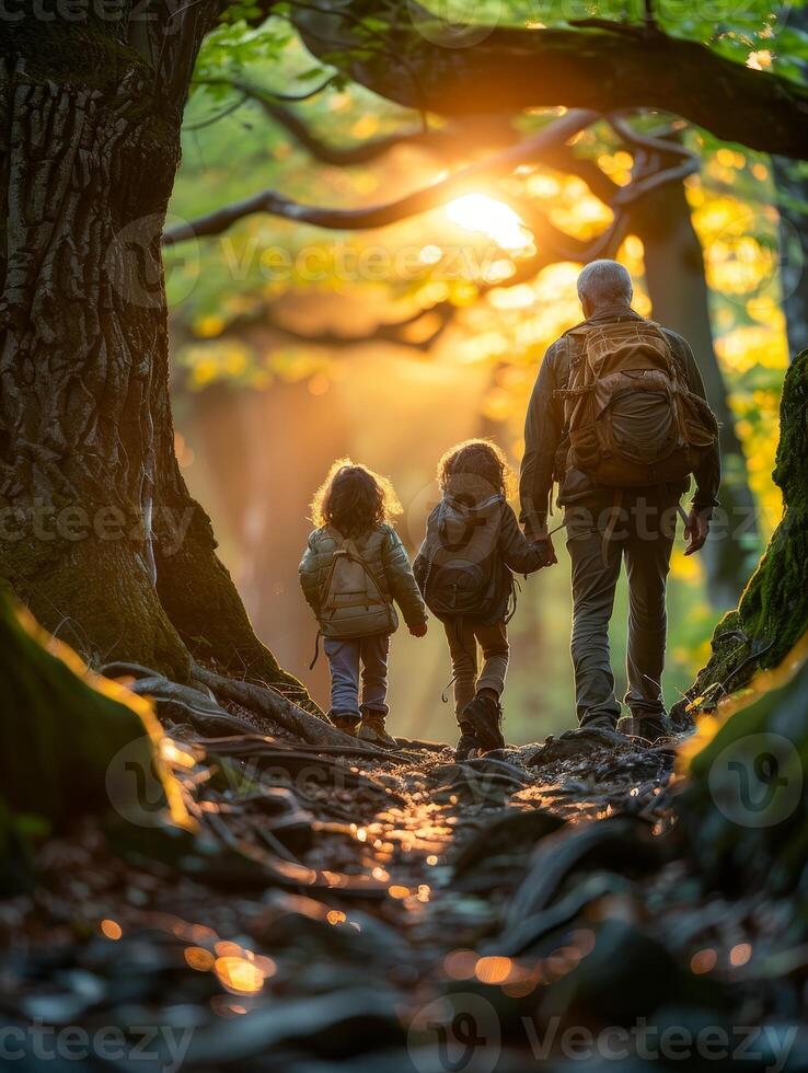 AI generated Family exploring ancient trees during a nature walk, educational and bonding experience, lush forest background, midday light photo